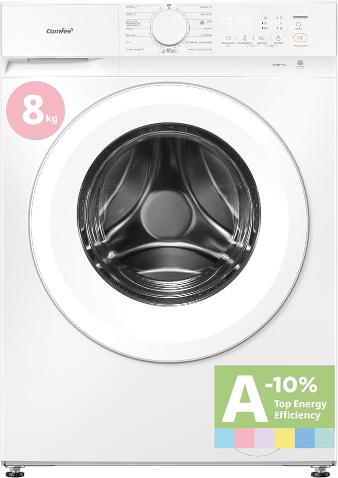 COMFEE' Machine à laver 8KG Classe A-10% 1400RPM Smart wash CF08EWP05W | Steam Wash, Woolmark, Élimination des poils d'animaux, Rapide 15', Sports, Nettoyage du tambour, Parfum+ Étiquetage Énergétique