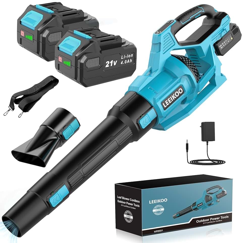 Souffleur Batterie, 21V Souffleur de Feuilles avec 2 Batteries 4,0Ah, 3 Vitesses, 2 Tubes de Soufflage, Sangle Souffleur à Batterie pour Nettoyage de Jardin