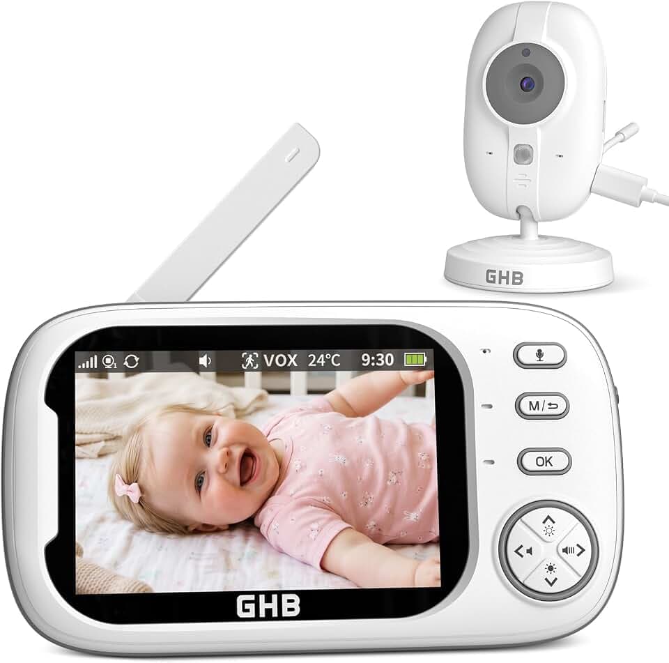 GHB Babyphone Camera Écran LCD 3,5 inches Camera Surveillance Bebe 4X Zoom 8 Berceuses sans WiFi 2,4 GHz Surveillance de Température Vision Nocturne