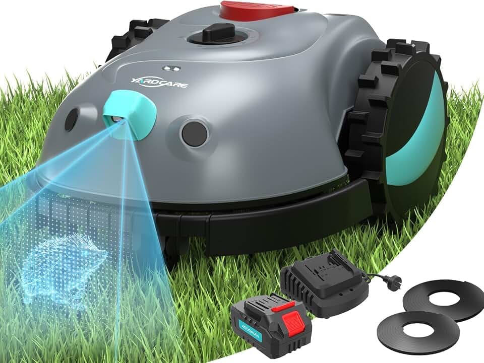 YARDCARE V100 Robot Tondeuse sans Fil Périphérique avec Navigation Visuelle, Détection d'obstacles 150, Robot Tondeuse Gazon avec Batterie(4Ah), Peigne à Herbe, Lames de Rechange