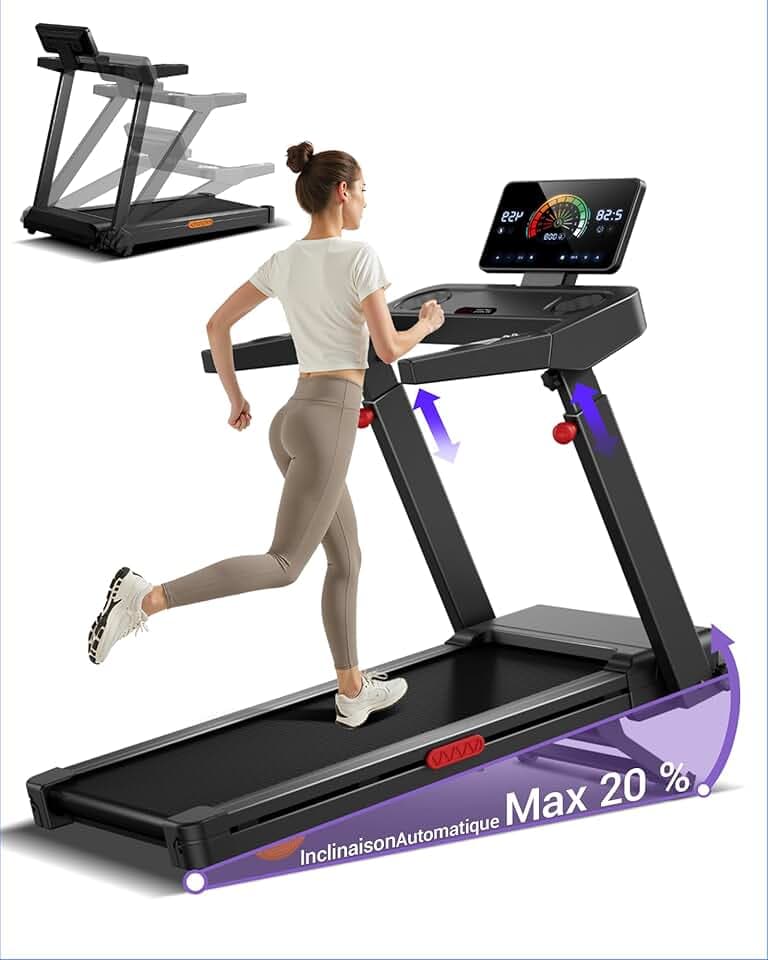 UMAY Tapis de Course avec Inclinaison Automatique de 20%, 14KM/H Tapis Roulant Pliable avec Console Réglable sur 4 Niveaux, 3,5CV Treadmill Home avec Affichage LED, Silencieux, Charge Max 180KG