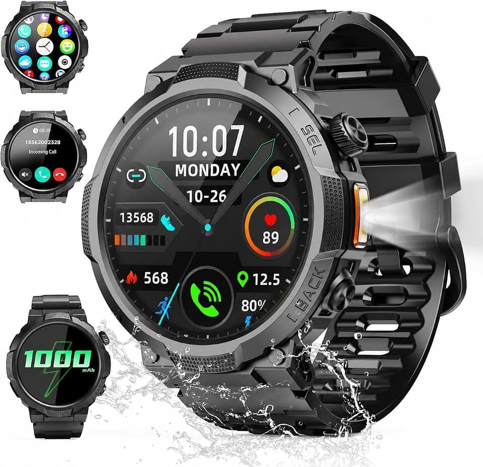 Montre Connectée Homme, Militaire Smartwatch avec LED Lampe, 1000mAh | 1.53" HD avec Appel Bluetooth, Etanche IP68, Fréquence Cardiaque, Sommeil, 110+ Sportifs, Montre pour Android iOS