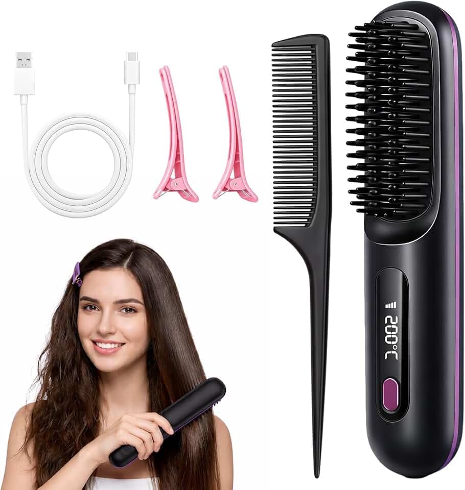 Brosse Lissante Sans Fil, Brosse Chauffante Cheveux Court, Peigne Chauffant Rechargeable Portable avec Affichage LED, 3 Réglages de Température, 160-200℃, Chauffage Céramique Rapide