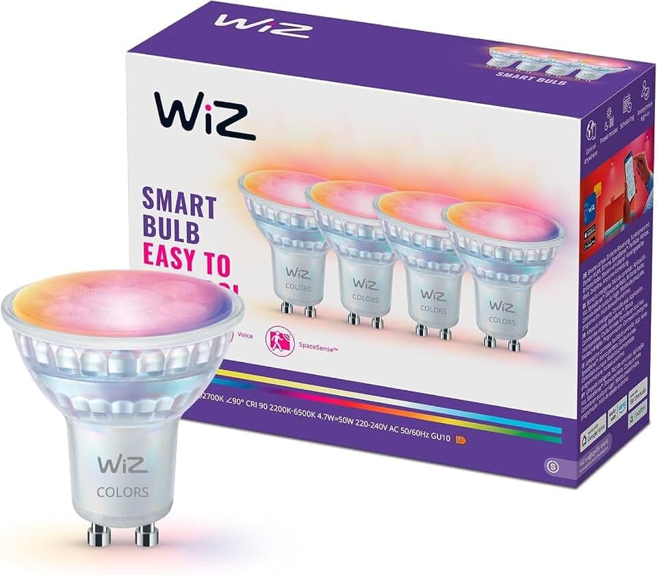 WiZ Smart Bulb, Spot LED connecté GU10, Lumière multicolore, Pack de 4 | Ampoule GU10 Connecté RGB, Équivalent 50W, Intensité Réglable 2200-6500K, Compatible WiZ App, Alexa, Google & Apple Home
