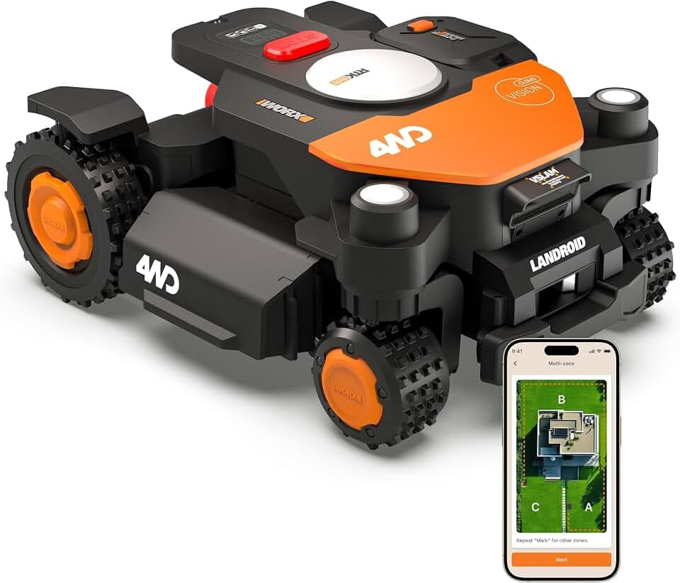 WORX Vision Cloud 4WD WR340E Robot Tondeuse 600 m² | Navigation RTK Cloud + VSLAM, transmission 4WD, cartographie automatique et pentes jusqu'à 84 %