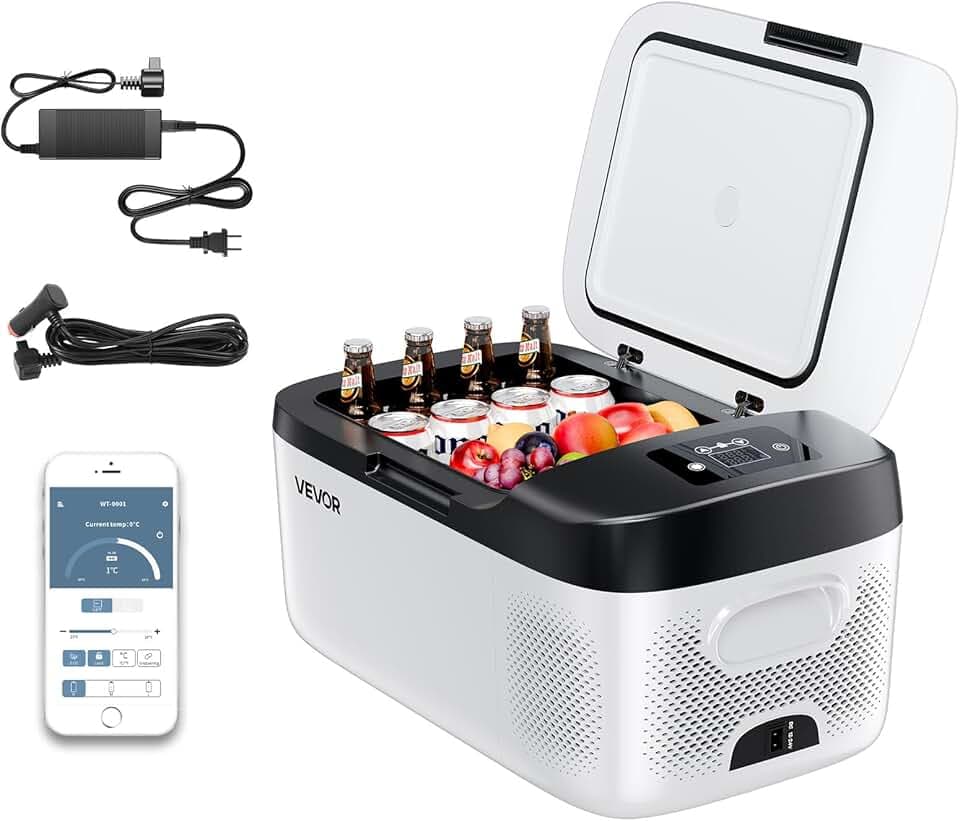 VEVOR Glacière Électrique à Compression de Voiture 15 L, Réfrigérateur Portable -20 °C à 20 °C, Mini Frigo Auto pour Camping Voyage Plage Bateaux Pêche, 12/24 V DC et 100-240 V AC, Contrôle via APP