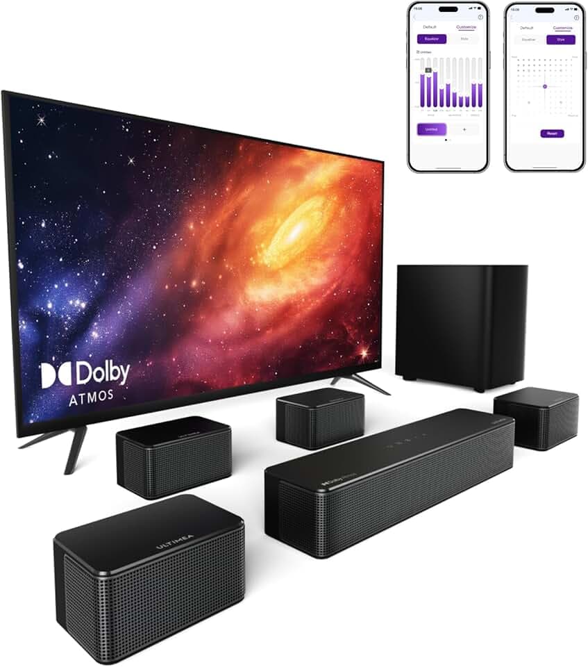 ULTIMEA Barre de Son TV 7.1 avec Dolby Atmos, Contrôle d'App, 4 Enceintes Surround Filaires, Enceintes pour Téléviseur 460W avec Caisson de Basse sans Fil, Home Cinéma Bluetooth 5.3, Poseidon D80