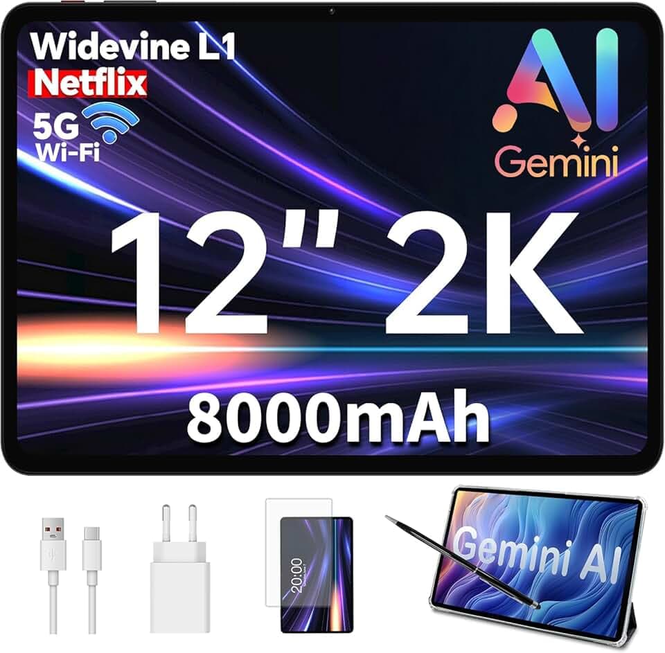 ODEA Tablette Tactile 12 Pouces Écran 2K, 2000x1200, 8000 mAh, Gemini AI, Widevine L1, 13MP+ 8MP, 12Go RAM, 128Go ROM, 5G WiFi, Android 15, Tablette avec Stylet et Coque