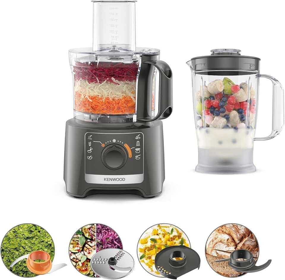 Kenwood MultiPro Compact FDP31.170GY, Robot Culinaire, Fonction Pétrissage et Disque Trancheur, Blender 1.2L, 2 Vitesses + Pulse, Bol 2.1L, 800W, Gris