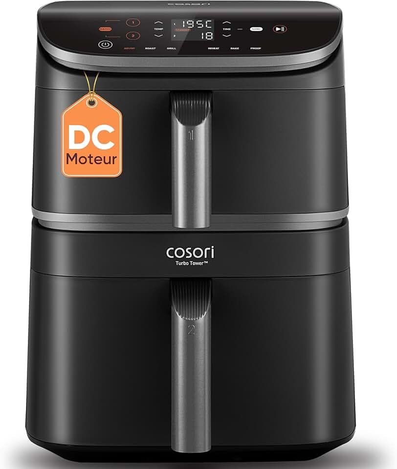 COSORI Air Fryer Turbo Tower 10,8L, Friteuse Sans Huile à 2 Tiroirs, 3 Niveaux Cuisson,6-en-1,Design compact et Empilable,41 Pour Cent Moins Large que les Double Airfryer Traditionneles,20+ Recettes