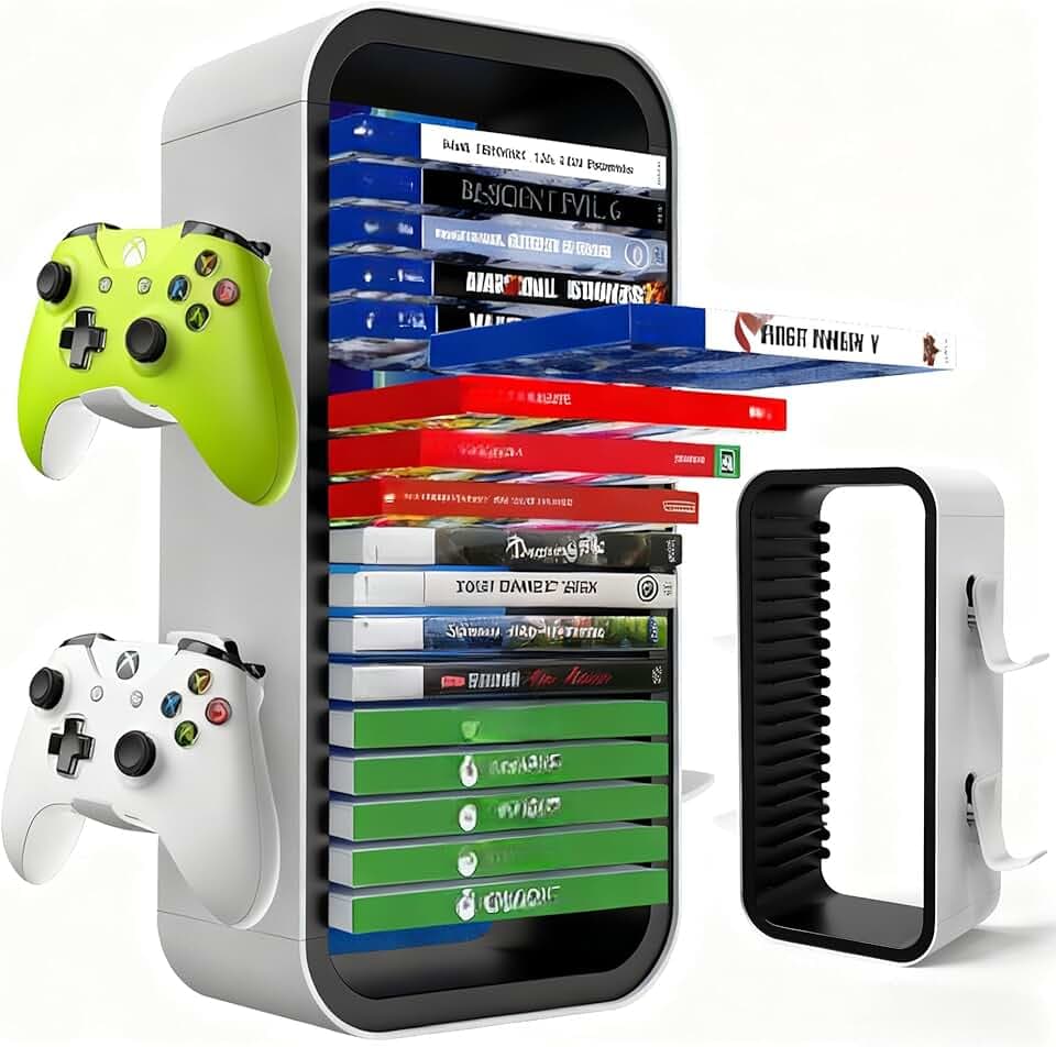 BGGCHEECA OYO-1【40CM】 Tour de rangement de jeux Compatible avec PS5/ Xbox Series S & X/ Switch, Organisateur universel pour disques de jeux vidéo 18 PIÈCES avec support pour 4 manettes, Support pour