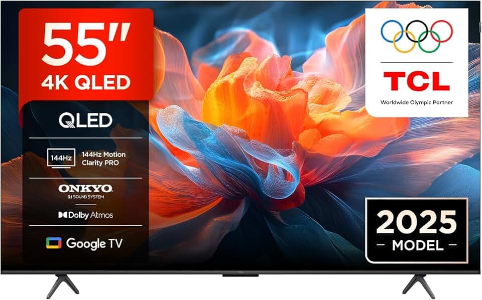 TCL 55T8C 55" QLED 4K HDR Ultra HD TV, Smart TV Powered by Google TV (Dolby Vision & Atmos, 144Hz Motion Clarity Pro, FreeSync, Onkyo 2.1 Sound, Voice Control)