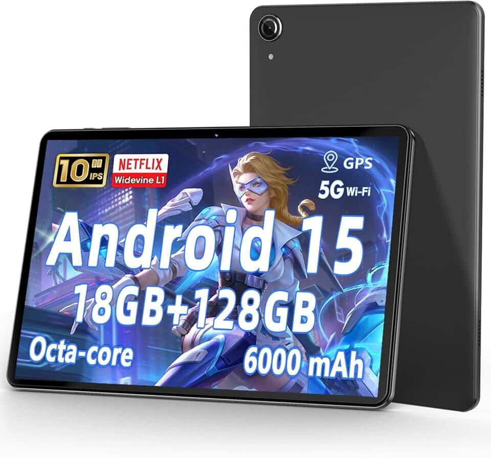 Tablette 10 Pouces Android 15 : 18 Go de RAM + 128 Go de ROM (Extensible jusqu'à 1 to), processeur Octa-Core, écran HD IPS 1280×800, Batterie 6000 mAh, Double caméra 5 MP + 8 MP, WiFi 2,4 G