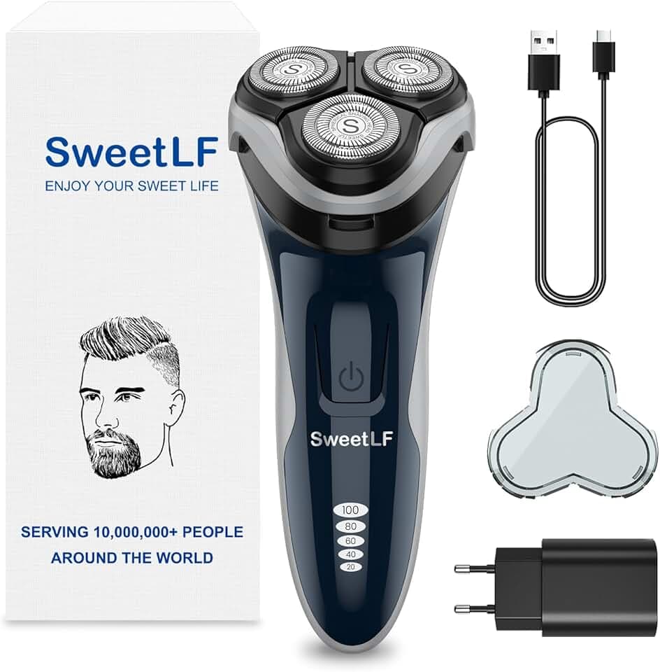 SweetLF Rasoir Electrique Homme Rechargeable Wet & Dry, Tondeuse à Barbe Haute Précision, Rasage avec 3D Têtes Rotatives, 100% Etanche&120 min d'Autonomie, Bleu, SW-S7105