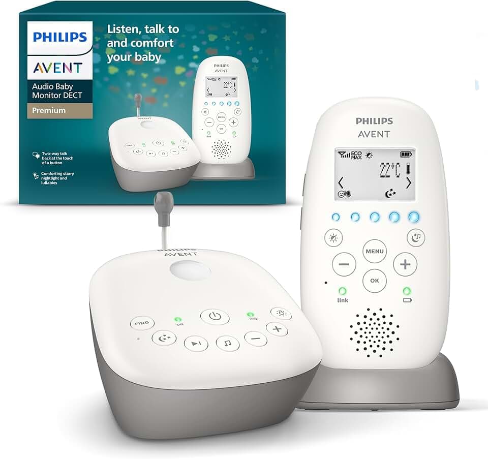 Philips Avent DECT - Écoute-bébé Audio avec veilleuse à Projection d'étoiles, berceuses, Conversation bidirectionnelle, portée de 330 m, autonomie de 24 h, Mode Nuit, modèle SCD733/26