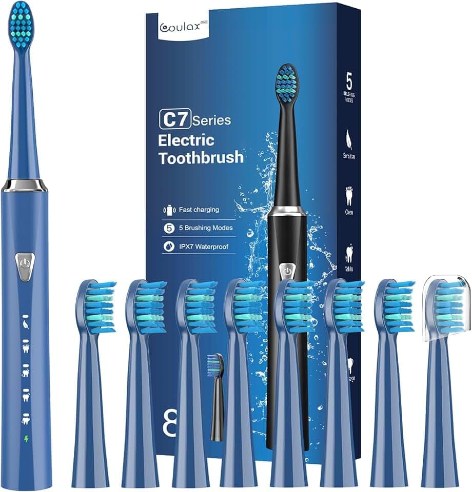 Brosses à Dents Électriques Soniques Adultes et Enfants - Brosse à Dents Dlectrique Sonique avec 8 Têtes, 5 Modes, Une Charge pour 120 Jours D'utilisation, Brosses à Dents, Bleu Minéral Global Recycled Standard