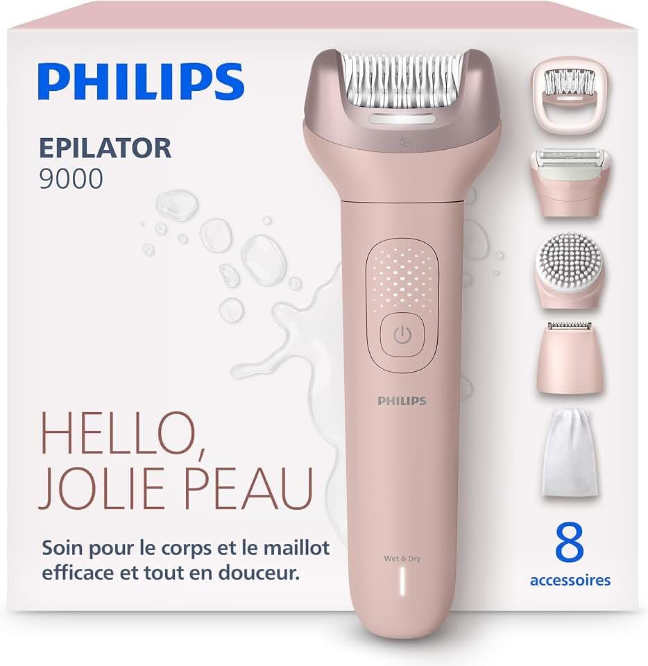 Philips Épilateur série 9000 – épilateur électrique sans fil, sur peau sèche ou humide, épilation jambes, corps et maillot, avec ProGuide, 8 accessoires, autonomie 60 min, modèle BRE719/00