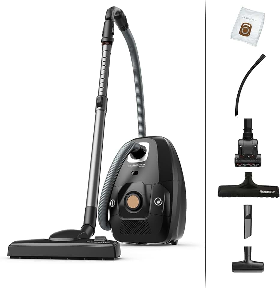 Rowenta Aspirateur avec sac, Moteur basse consommation, Haute filtration, Ultrasilencieux, Eco responsable, Nombreux accessoires, Fabriqué en France, Green Force Effitech, Noir/liège RO6189EA