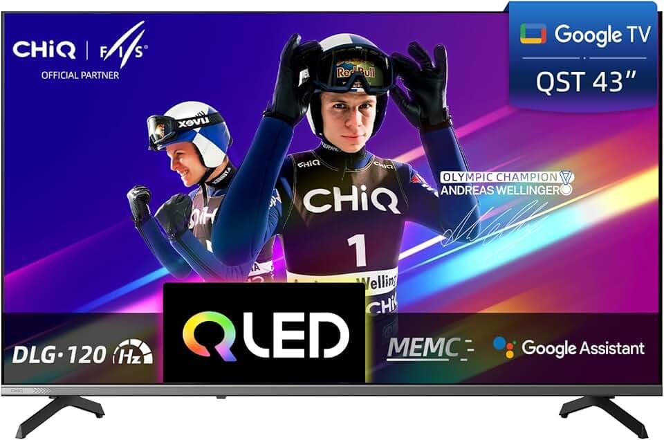 CHIQ U43QST 43 Pouces TV Smart Google TV QLED 4K UHD avec HDR10, ALLM&VRR pour Jeu, MEMC, Contrôle Vocal, Design Métallique Ultra-Fin, Dolby Audio, Wi-FI 2.4G/5G (Nouveau Modèle)
