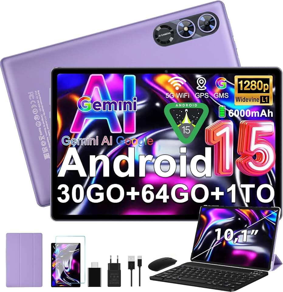 Tablette Android 15 Gemini AI 10 pouces,30+64GO,6000mAh,Widevine L1,Violet | Souris+clavier+étui en cuir,Audio 3,5 mm / GMS / Wi-Fi6 & Bluetooth 5.0 / 6000mAh / GPS