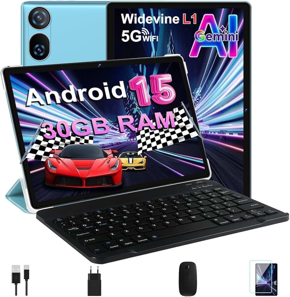 DMOAO Tablette 10 Pouces Android 15 avec 30 Go RAM + 2 to ROM Expansion, Widevine L1, 5G Wi-FI, Gemeni AI, 8 cœurs, GPS, 2 en 1 FHD Tablette Tactile avec Clavier et Souris, Bleu