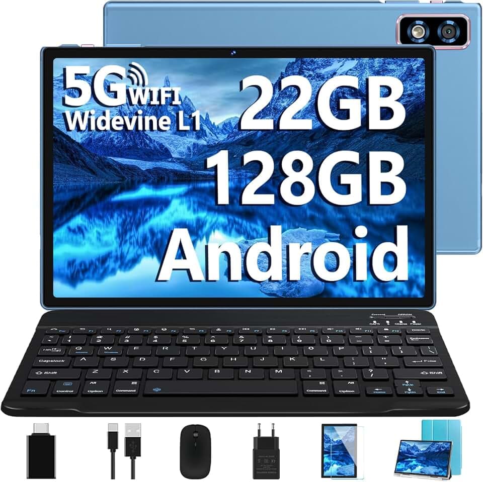 2026 Tablette 10 Pouces Android AI Tablettes, 22GB+128GB (1To Extensible), 5G WiFi,8 Cœurs 2,0GHz,8000mAh,Widevine L1, Netflix FHD,8MP+5MP,GPS,Hotspot,BT5.0,Tablette avec Clavier Souris et Cas-Bleu