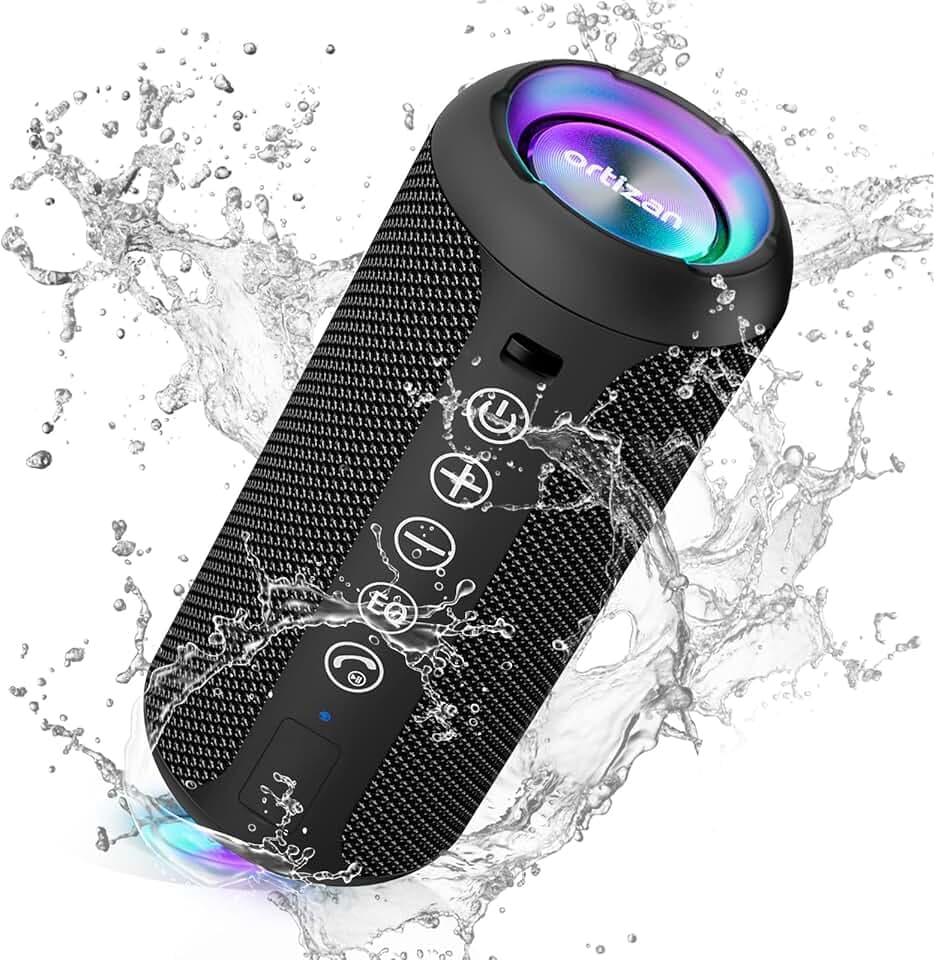 Ortizan Enceinte Portable Bluetooth 5.3 sans Fil avec Bass Puissantes, Étanche IPX7, Subwoofer à 360 Degrés, Autonomie 30 hrs, Double Appairage Stéréo, Lumière LED ClimeCo Certified
