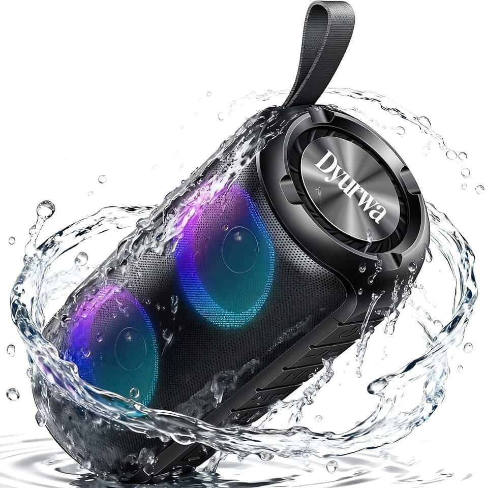 Enceinte Bluetooth Portable, 1800mAh Haut-Parleur Bluetooth sans Fil Bass Treibern Appel Mains Libres, Autonomie, 12H Enceinte Puissante avec RGB Lumière, Étanche IPX6, Dragonne Portable, DSP, Noir