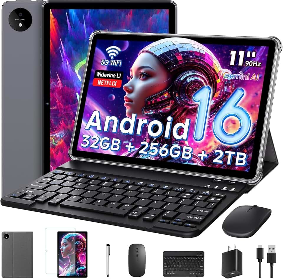 11 Pouces Tactile Android 16 Tablette avec Gemini AI|T7250 Octa-Core| 32Go RAM+256Go ROM(TF 2To)| 16MP+8MP|1920x1200 IPS HD Display|Certifié Widevine L1|GPS|8000mAh|5G WiFi|Clavier+Souris+Coque (Gris)