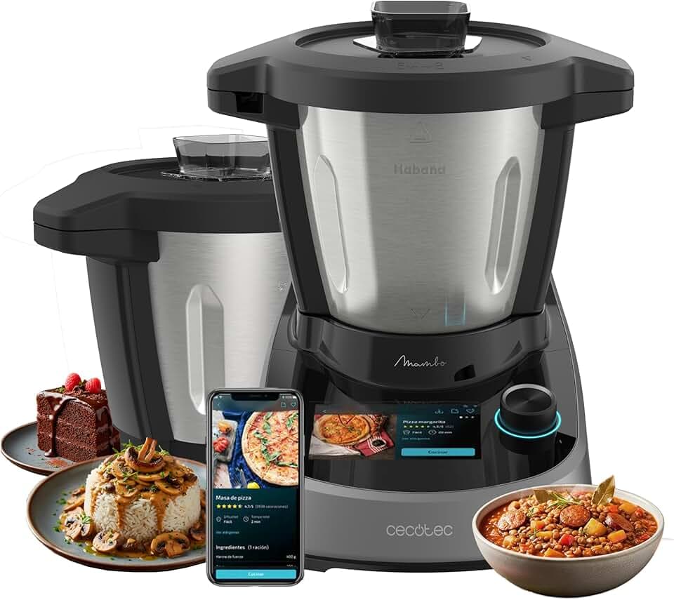 Cecotec Robot de Cuisine Multifonction avec Distributeur d'Aliments Mambo Touch avec Bol Habana Pro. 37 Fonctions, Écran Tactile, App Mambo, 3.3L, Balance, Autonettoyage, Bol Céramique