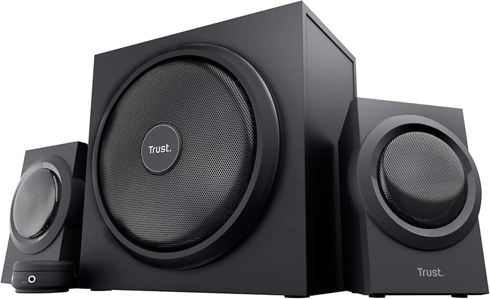 Trust Yuri Système d'Enceintes PC 2.1 avec Caisson de Basses en Bois (Puissance de Crête de 120 W, Commande de Volume Filaire avec Prise Casque et Connexion Line-in) Noir