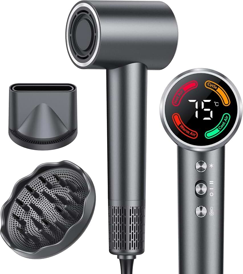 Sèche-cheveux ionique professionnel 160 000 tr/min, Séchage 5X Plus Rapide, 500 Millions d'Ions Négatifs Anti-Frisottis, Silencieux 56 dB, Écran LED, Diffuseur pour Cheveux Bouclés