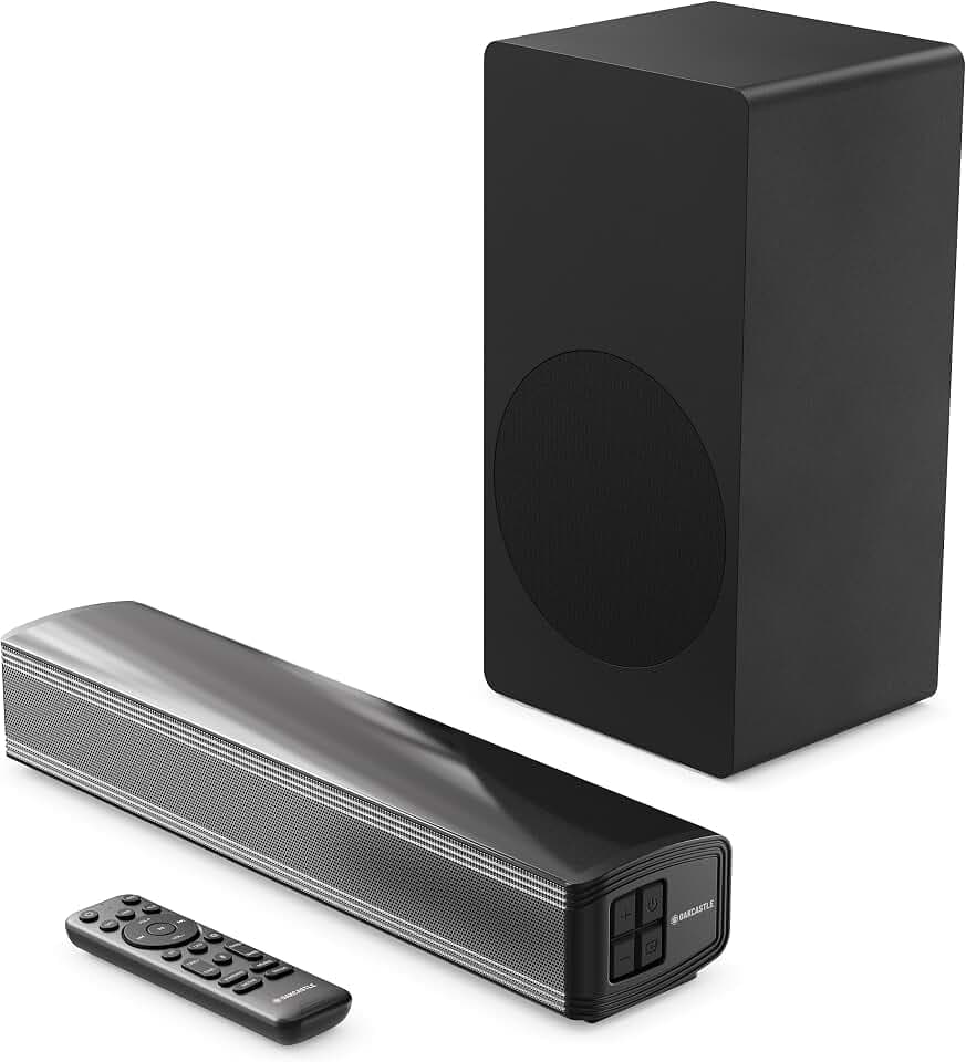 Oakcastle SB40 Xtra Barre de Son TV 2.1 | Soundbar avec Caisson de Basses Filaire 90W | Barre de Son Bluetooth 5.4 avec HDMI Arc, Optique, AUX et USB | Fixé au Mur Enceintes pour Téléviseur