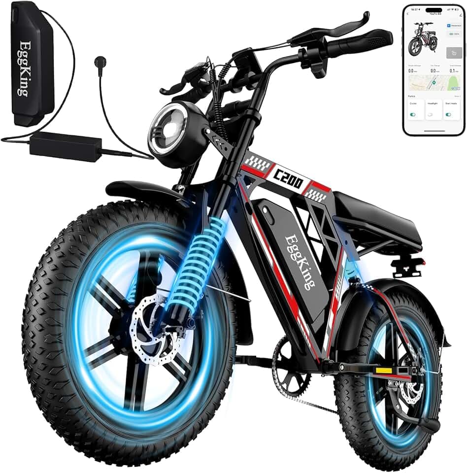 EGGKING Vélo électrique 20" x 4.0 Fat Tire, Double Suspension et 7 Vitesses Vélo Électrique, E-Bike pour Adultes, Batterie Amovible 48 V 17,5/15 Ah, Affichage et Contrôle APP