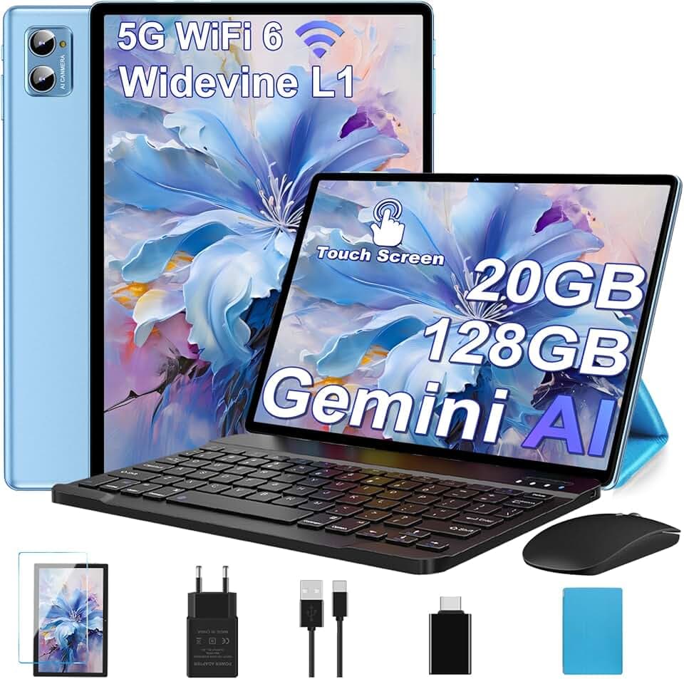 Tablette Android AI Tablette 10 Pouces avec 20Go RAM+128Go ROM(TF/2To),Octa-Core, WiFi 6, 5G+2.4G WiFi, BT 5.0, GMS Certified, Widevine L1, Tablette Tactile 2 en 1 avec Clavier Souris et Cas -Bleu