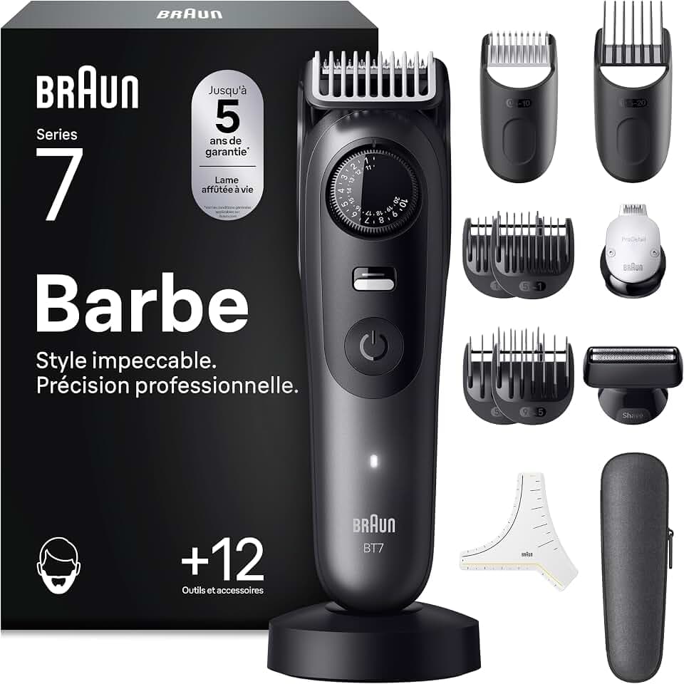 Braun Tondeuse Barbe Homme Series 7 BT7545, Grise | Etanche, Batterie Rechargeable, Lame Affutée et Inusable, 40 Longueurs, Coffret de 6 Sabots, 2 Accessoires, Etui de Voyage