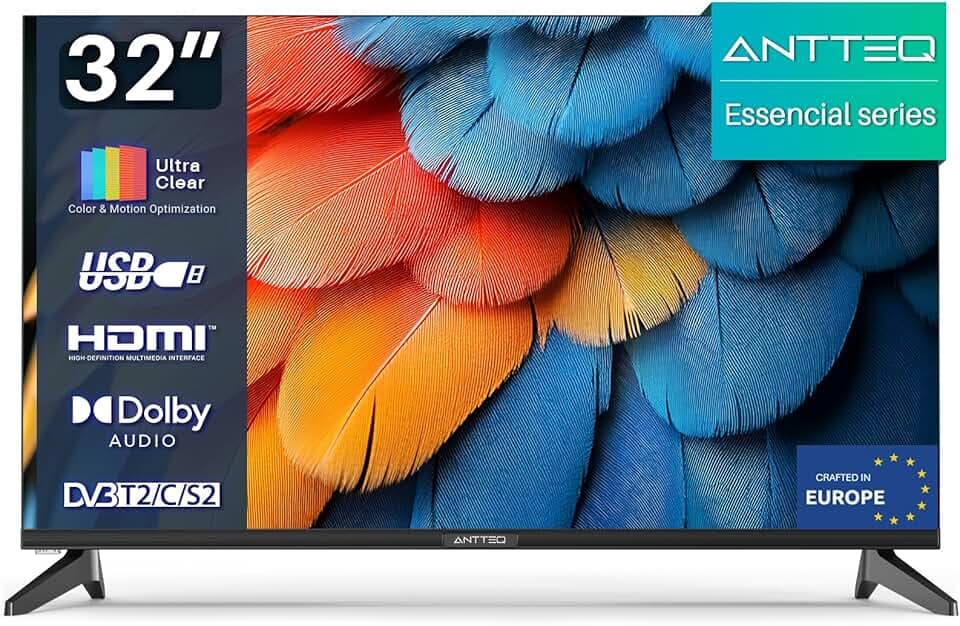 Antteq E32-AH1Q1L TV 32 Pouces Télévision 80cm LED HD Ready, sans Lunette, avec Triple Tuner (DVB-T/T2-C-S/S2), HDMI, USB-Media Player, Dolby Audio, Essential Series
