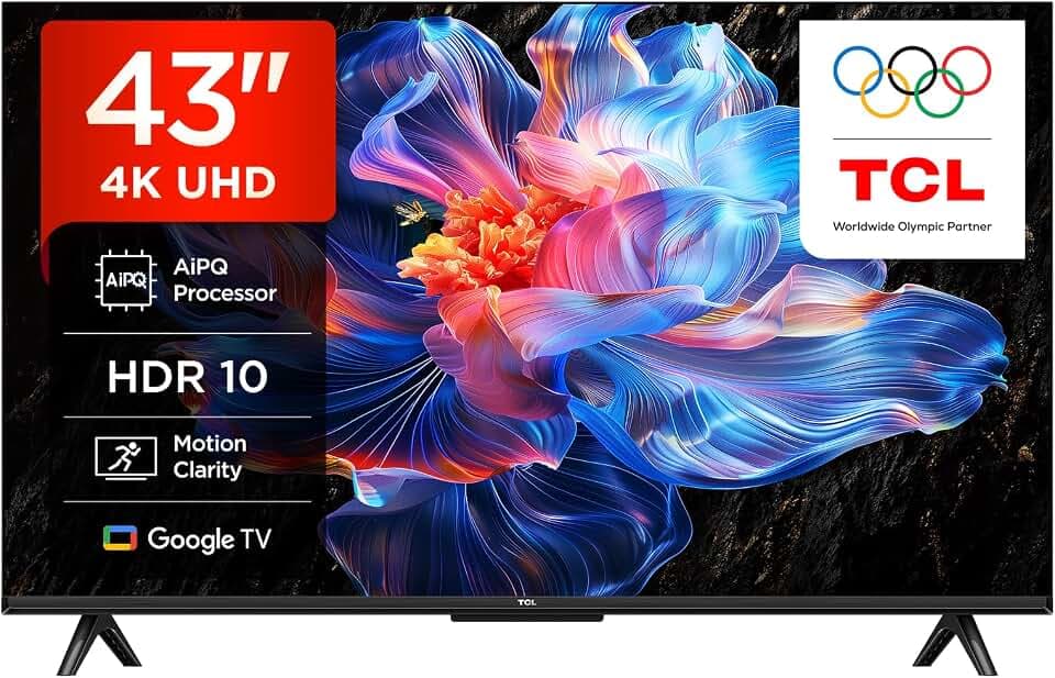 TCL 43V6C TV 43" 4K UHD Smart LED TV, 4K HDR, Google TV avec Design sans Bords (Dolby Audio, Motion Clarity, Compatible avec Google Assistant et Alexa)