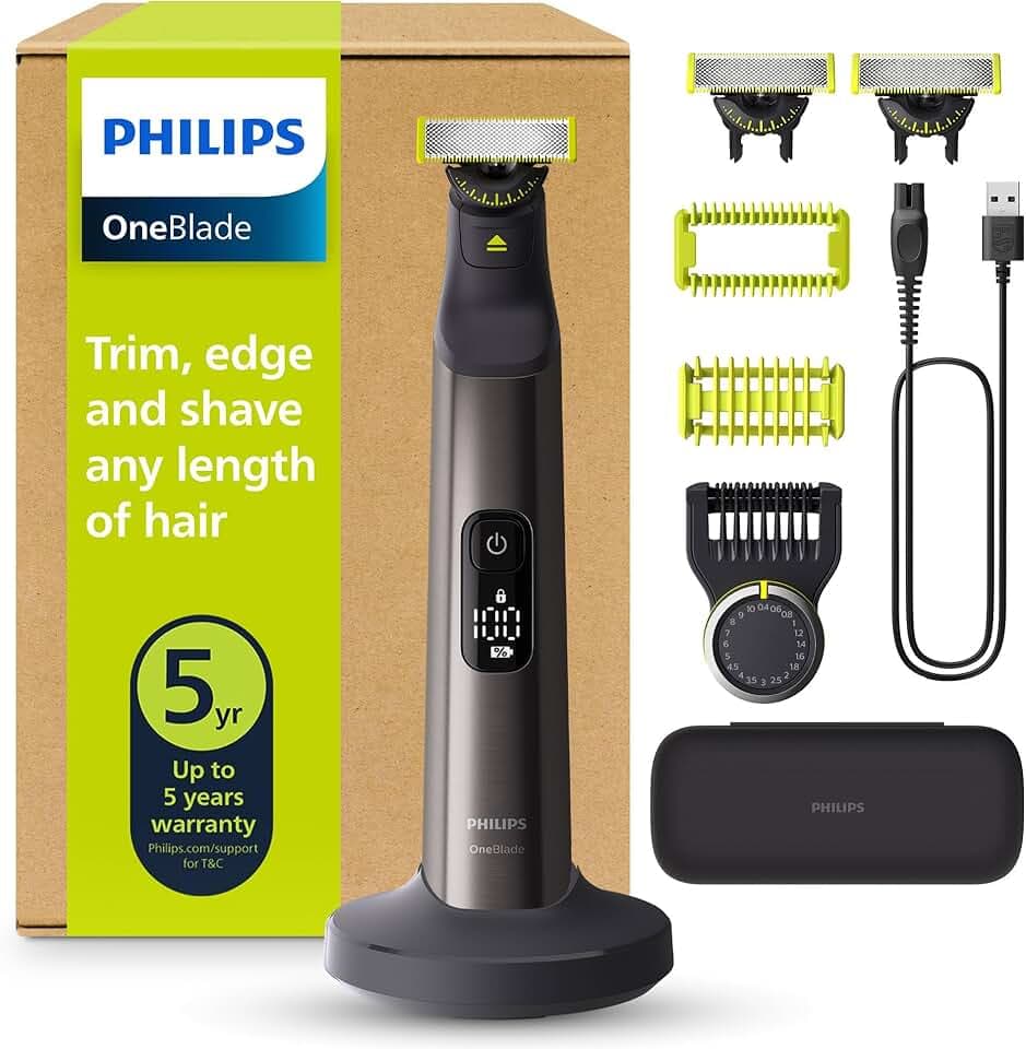 Philips OneBlade Pro 360 Authentique Visage+Corps - Tondeuse à barbe électrique, rasoir et tondeuse, 2 lames 360, 1 sabot avec 20 hauteurs de coupe, 1 kit Corps, 1 socle de charge, QP6652/35