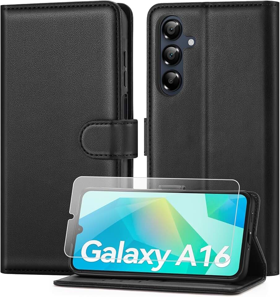 ivencase Coque pour Samsung Galaxy A16 avec Verre Trempé, Noir | étui Cuir PU Magnétique, Pochette de Portefeuille, Fonction Stand Video, Porte Carte Credit, Rabat Housse Samsung A16 5G/4G Global Recycled Standard