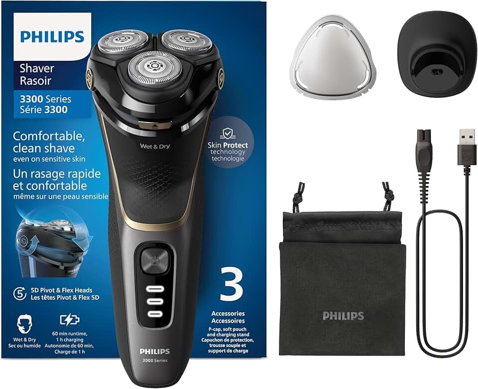 Philips Electric Shaver Series 3000 - Rasoir électrique Wet & Dry pour hommes avec technologie SkinProtect, Tondeuse rétractable, Socle de recharge, Housse de voyage, Noir, modèle S3342/13
