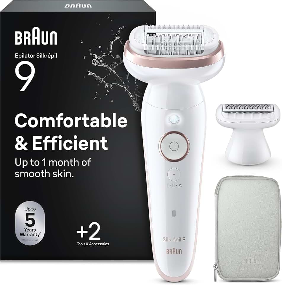Braun Epilateur Electrique Pour Femmes Silk-épil 9 9-030 Avec Tête Pivotante Pour Epilation Facile, Tête De Rasoir, Sabot Tondeuse Et Rouleaux De Massage, Peau Douce Longue Durée, Blanc/Rose GreenCircle Certified: Certified Energy Savings