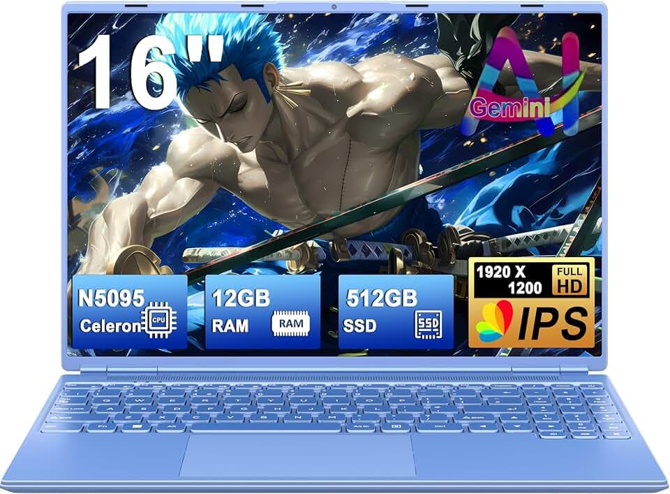 NOTODD Ordinateur Portable Gaming 16'' 12+512 Go SSD Soutien Extension 1TB | PC Portable 1920x1200 PC Portable Celeron N5095 (jusqu'à 2,9 GHz) Laptop avec Type-C Mini HDMI AZERTY Clavier Couverture-Bleu