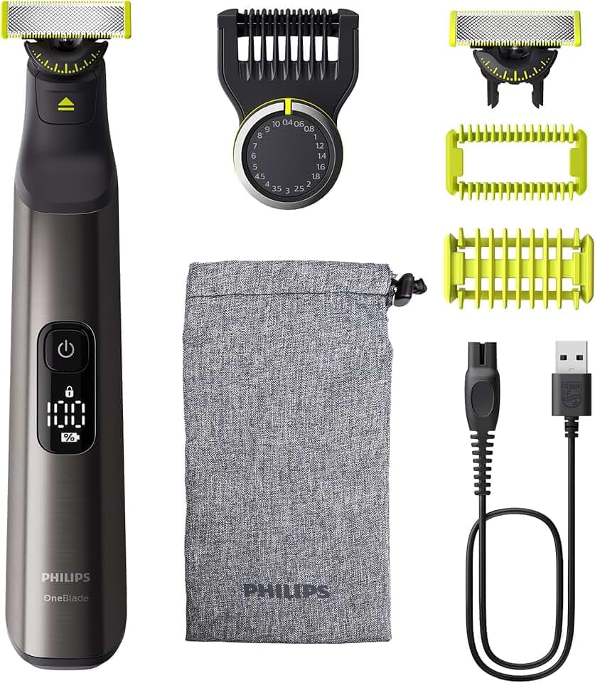 Philips OneBlade Pro 360 Authentique Visage+Corps - Tondeuse à barbe électrique, rasoir et tondeuse corps avec lame 360 innovante, 1 lame 360, 1 sabot avec 20 hauteurs de coupe, 1 kit Corps, QP6552/30