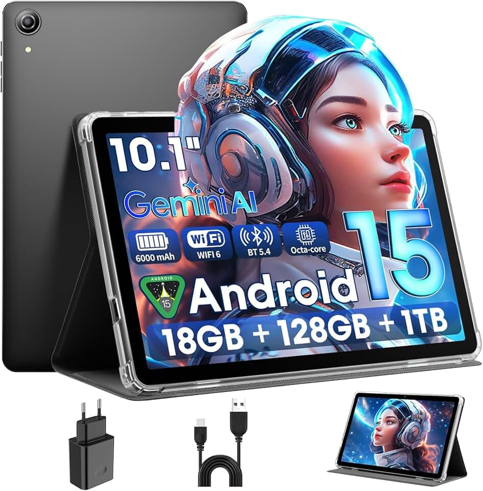 Tablette 10 Pouces | Android 15 Tablette avec Étui | RAM 18Go + ROM 128Go(TF 1To) IPS HD 1280x800 | 6000mAh | Widevine L1 | WiFi 6 | BT5.4 | Caméra Double 5MP + 8MP | Face ID | GPS | GMS (Noir)
