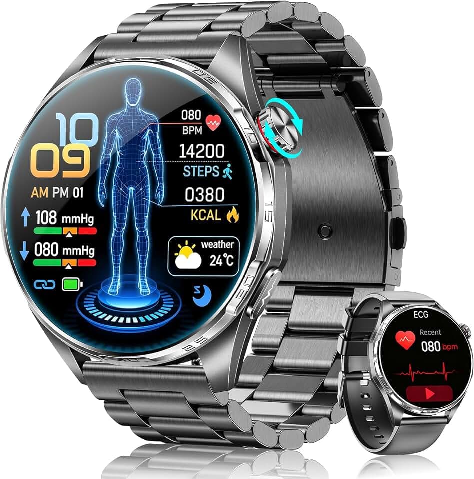 Montre Connectée Homme avec ECG/HRV/IMC , 1.45” AMOLED Smartwatch Homme avec Coup d'œil Santé/ Tension Artérielle/Sommeil/120+ Modes Sportifs/5 ATM Étanche, Traceur d'Activité pour Android iOS, Noir