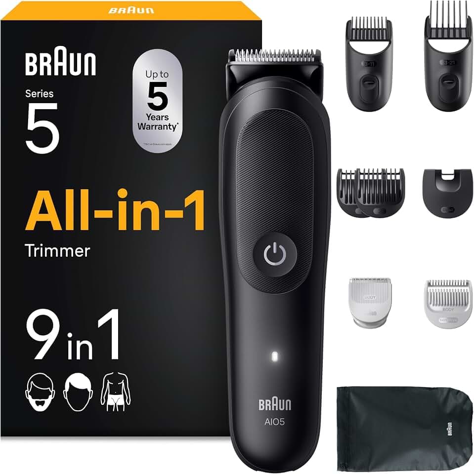 Braun Tondeuse Electrique Homme, Tout-en-Un Series 5 AIO5540 9-en-1, Noire | Etanche, Batterie Rechargeable, Lame Ultra Affutée, sans Fil, Coffret avec 7 Sabots, Etui de Voyage