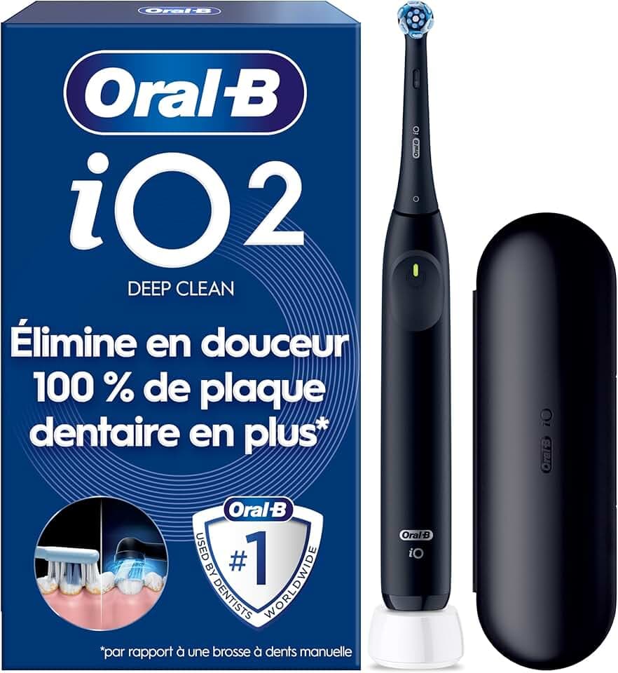 Oral-B Brosse à Dents Electrique iO 2 avec 1 Brossette de Rechange, Noire – 3 Modes de Brossage dont Douceur, Capteur de Pression sur les Gencives, Batterie Rechargeable, Silencieuse, Etui de Voyage