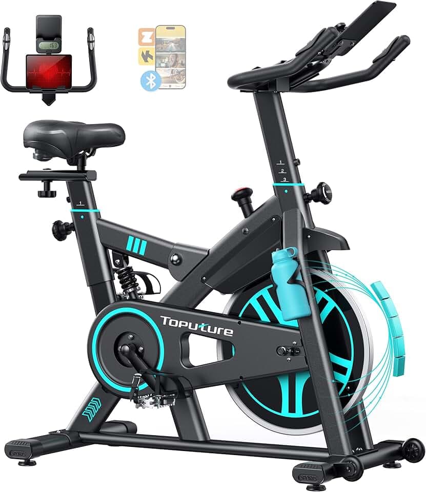 TOPUTURE Velo d Appartement,Vélo d’Appartement avec Écran LCD et Compatible APP, 100 Résistance Réglable,Vélo d’Intérieur Silencieux avec Système d’Amortissement,Fréquence cardiaque,Capacité 160 kg