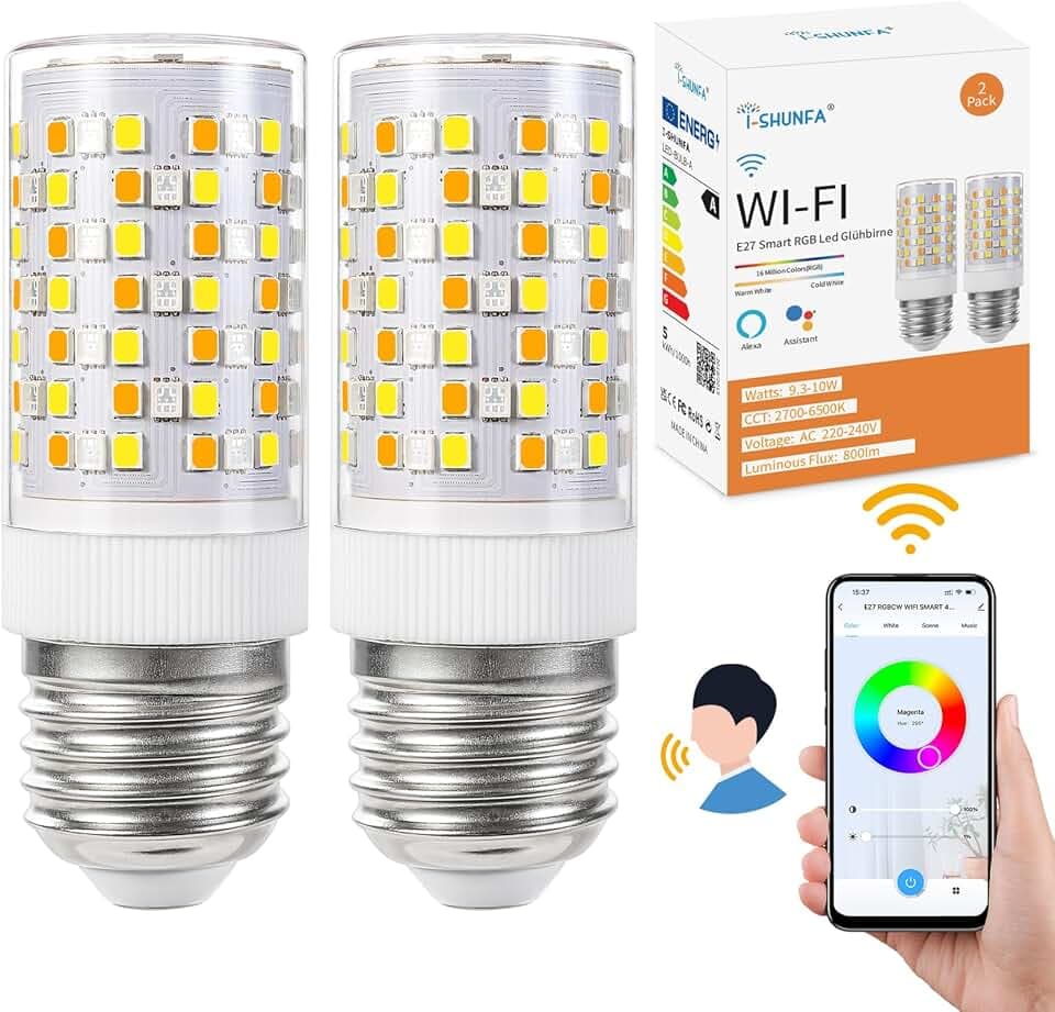 I-SHUNFA Ampoule intelligente E27 RGBCW Led,changement de couleur avec synchronisation musicale des ampoules,10W,800LM,WiFi LED Smart ampoule fonctionnant avec Alexa Google Home,2 Pack Global Recycled Standard